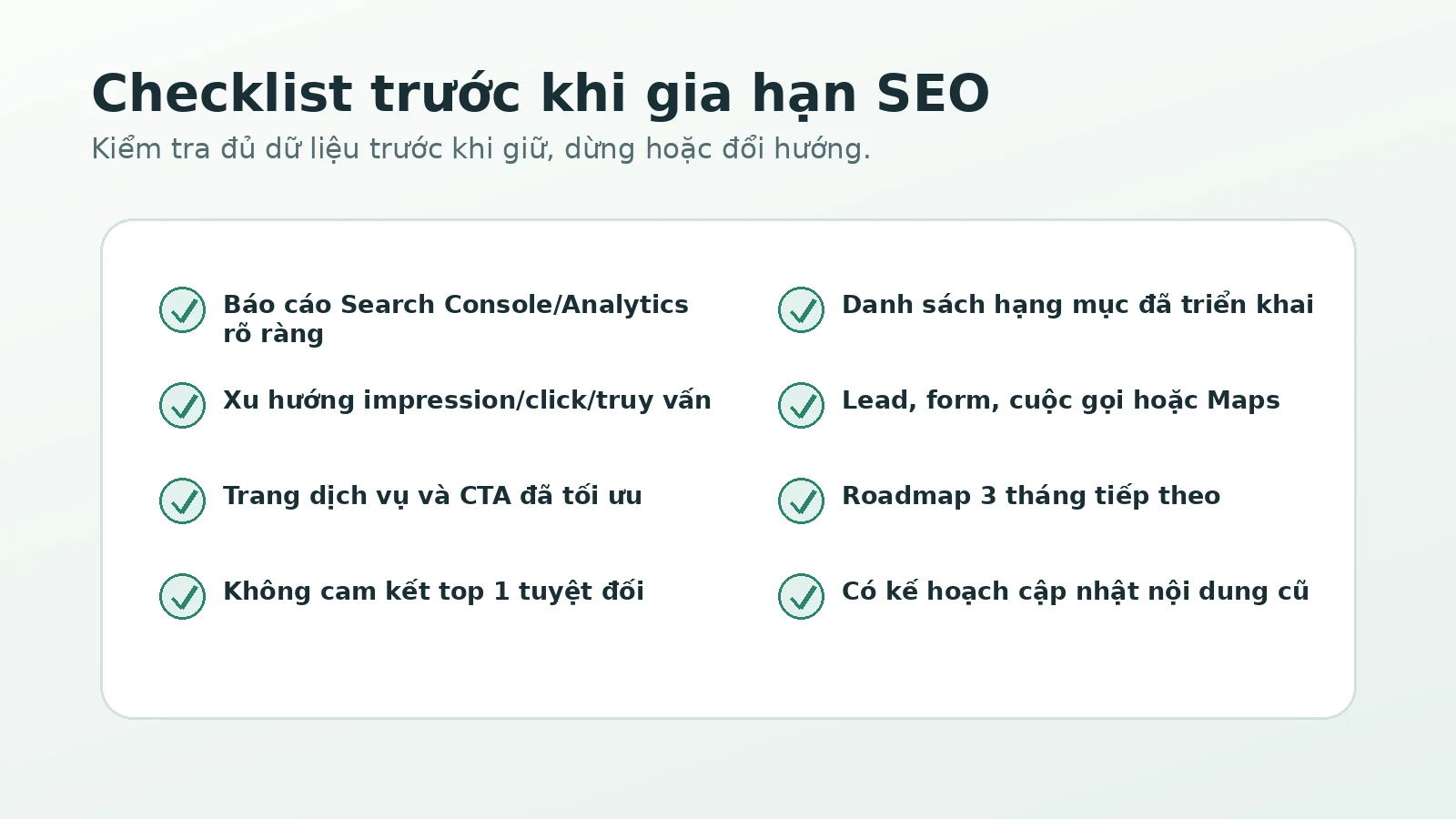 Checklist gia hạn dịch vụ SEO sau 6 tháng