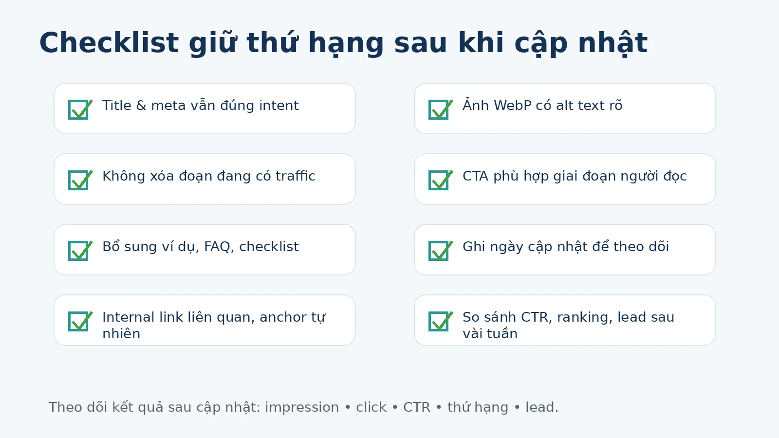 Checklist giữ thứ hạng SEO sau khi cập nhật nội dung