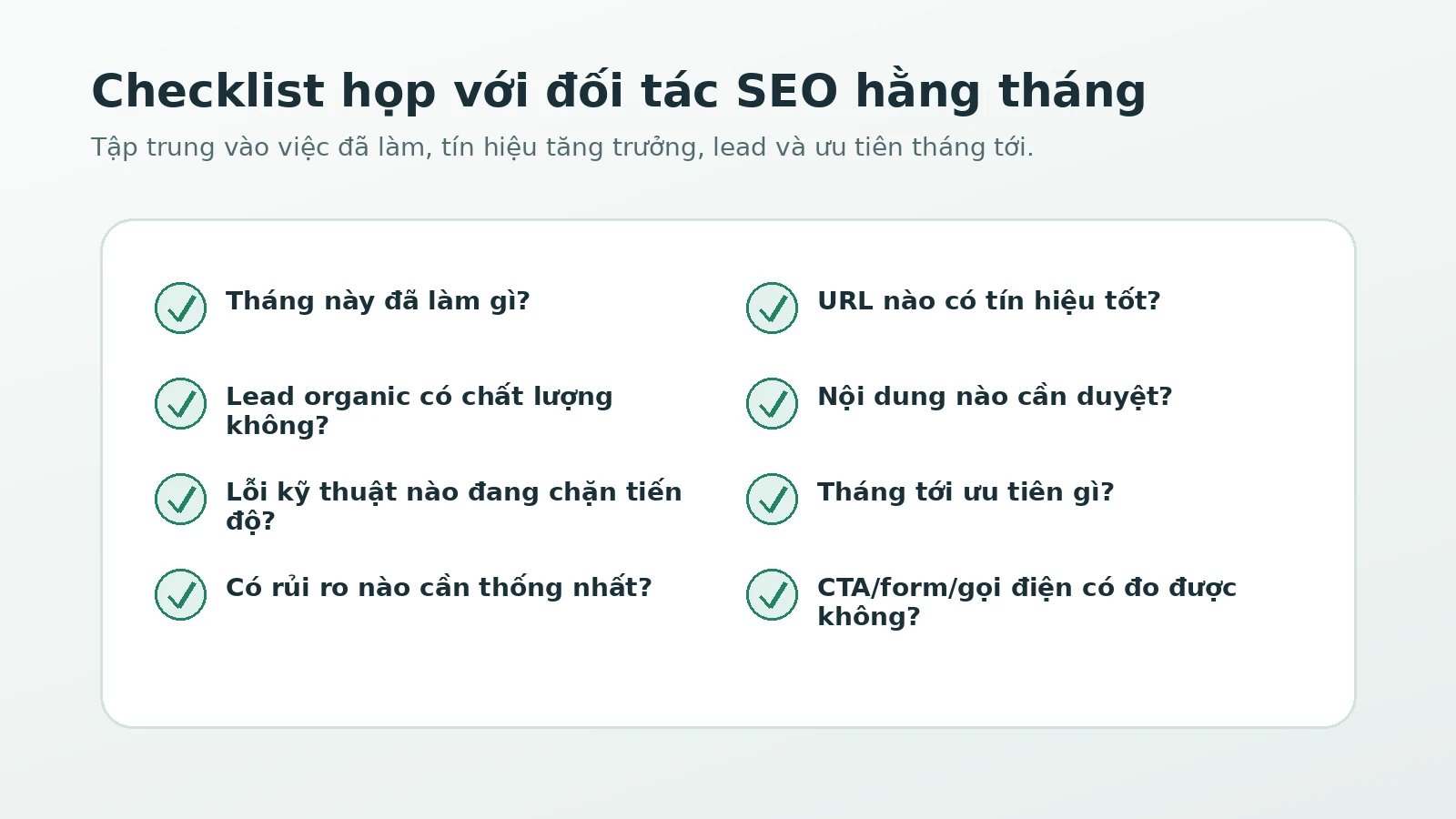 Checklist họp báo cáo SEO hằng tháng với đối tác