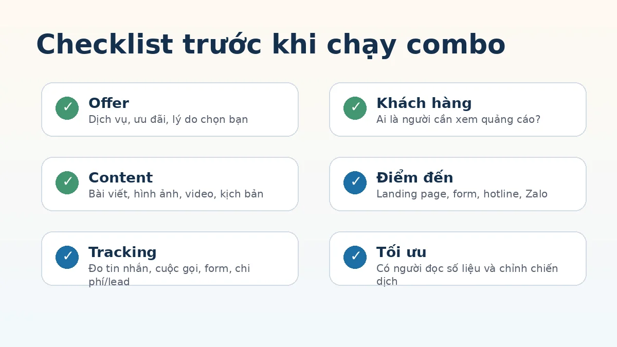 Checklist trước khi chạy combo content và quảng cáo